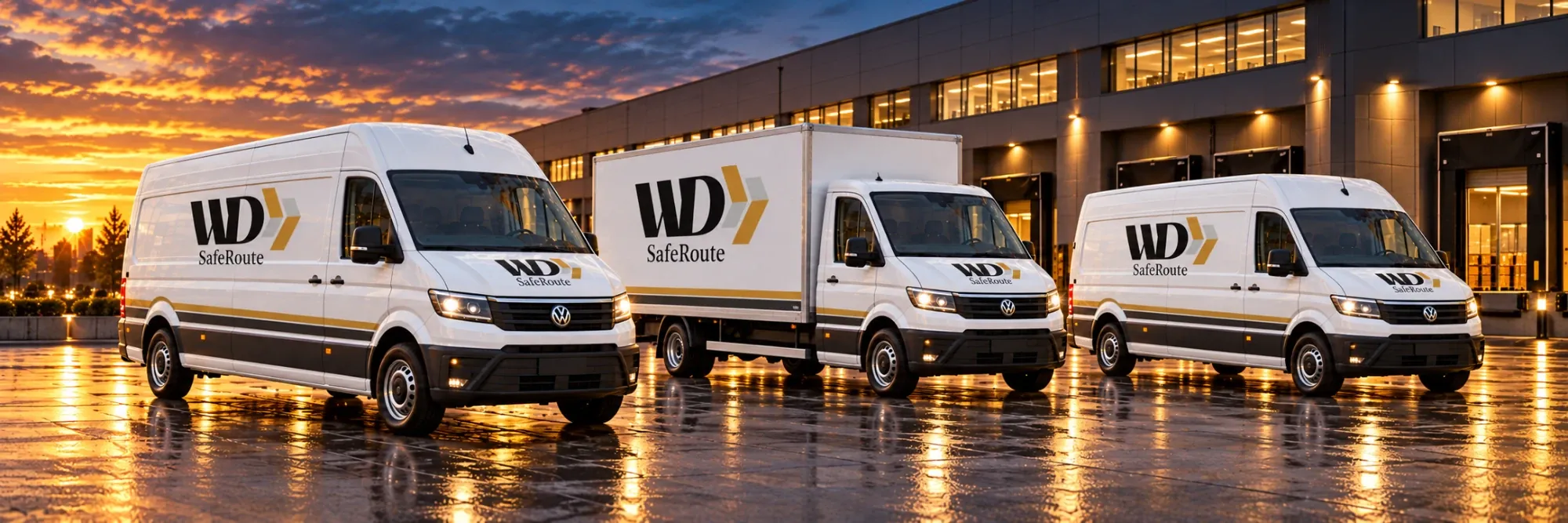 Transporter und Kofferaufbau-Fahrzeug von WD-SafeRoute vor einem Logistikzentrum