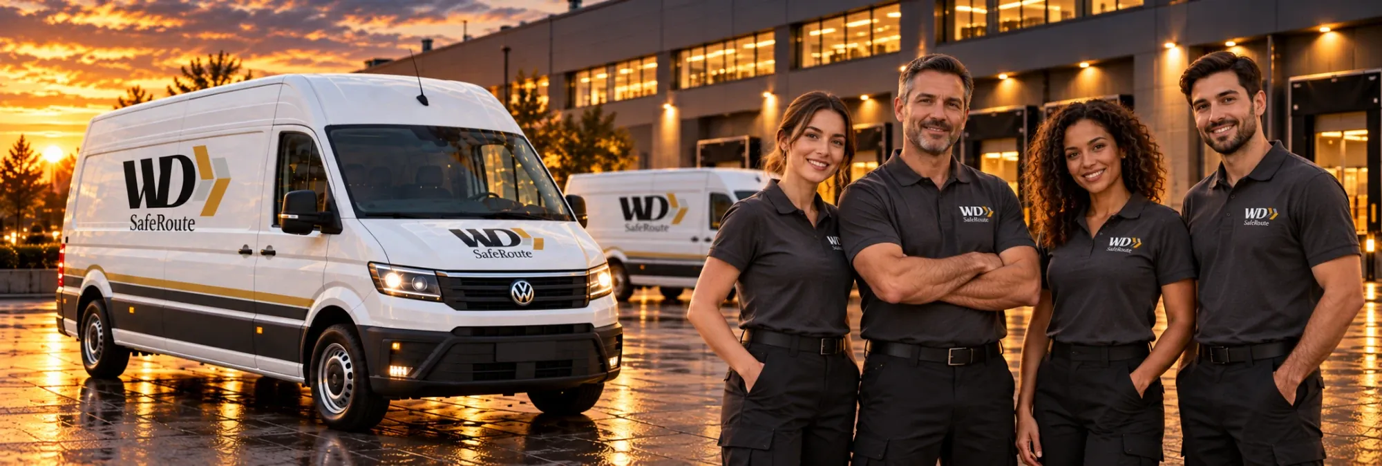 Team von WD-SafeRoute vor einem Transporter