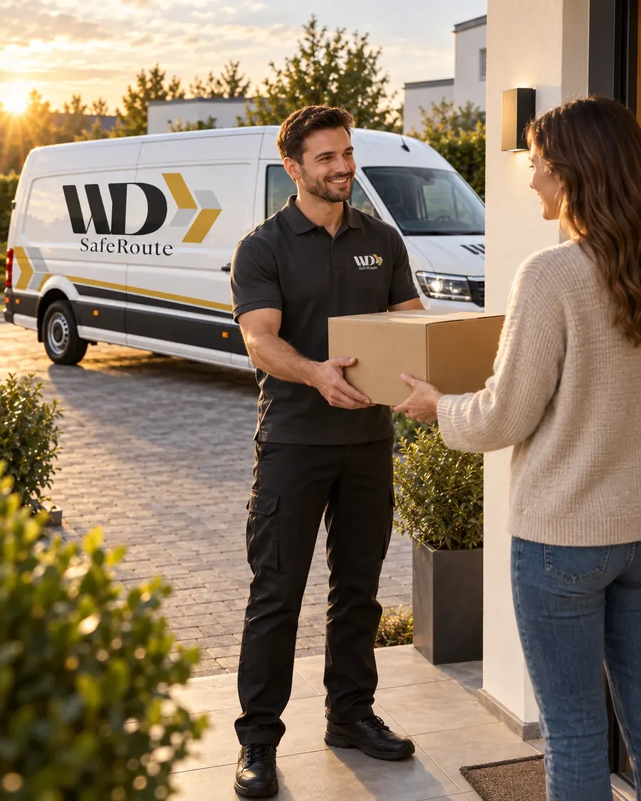 WD-SafeRoute-Zusteller übergibt ein Paket an der Haustür