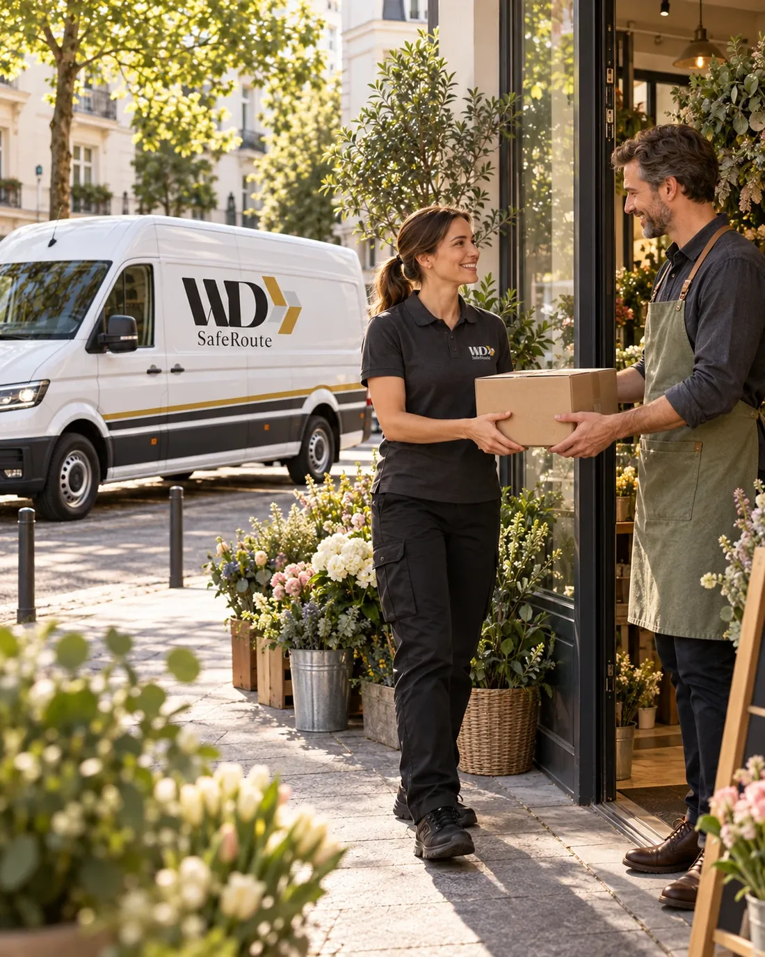 Zustellerin von WD-SafeRoute übergibt ein Paket an einen Ladenbesitzer